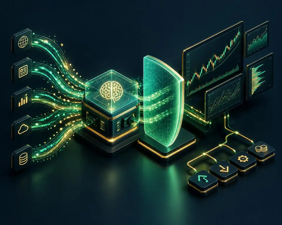 Behind the scenes of Stroom deelwaardom: data streams flowing into an AI core, protected by a risk management shield before reaching trading charts
